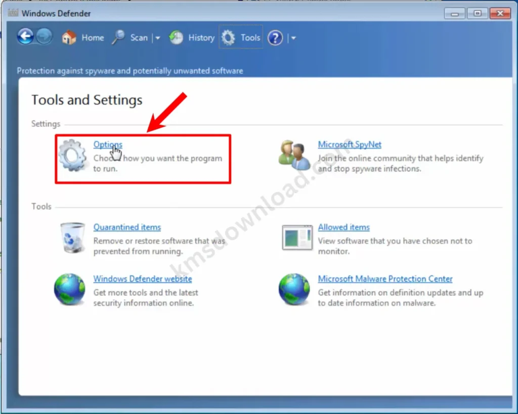 Options Button in Windows Defender Tools